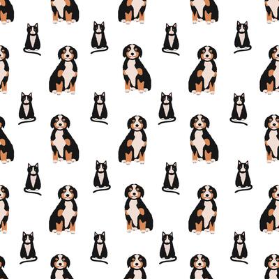 Seamless pattern with adorable cat and dog on white background. Backdrop with pets or domestic animals. Colorful illustration in flat cartoon style for textile print, wrapping paper, wallpaper.