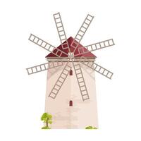 Old European windmill isolated on white background. Smock, tower or post mill. Farm building or construction with rotating sails or blades. Colored illustration in flat cartoon style. vector