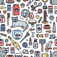 Colorful seamless pattern with domestic animals and tools for pet care, entertainment, grooming on white background. illustration in line art style for textile print, wrapping paper, backdrop. vector