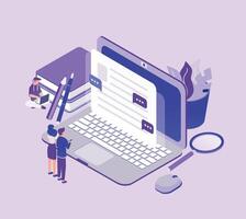 Tiny people standing in front of giant laptop computer and looking at text on screen. Concept of copywriting, digital marketing, content management and SEO. Modern isometric illustration. vector