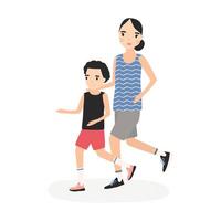 Mother and son dressed in sportswear running or jogging together. Parent and child taking part in marathon. Cartoon characters isolated on white background. Flat colorful illustration. vector