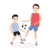 Happy father and son playing football. Dad and kid practicing soccer. Parent and child during sports game training. Adorable cartoon characters isolated on white background. Flat illustration. vector