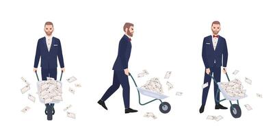Angry bearded man dressed in elegant formal suit carrying wheelbarrow full of letters in envelopes. Male cartoon character isolated on white background. Front and side views. Flat illustration. vector
