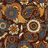 Oriental seamless pattern with ethnic buta motifs and Persian floral mehndi elements on brown background. Motley decorative illustration for textile print, wallpaper, wrapping paper, backdrop. vector