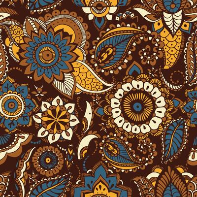 Oriental seamless pattern with ethnic buta motifs and Persian floral mehndi elements on brown background. Motley decorative illustration for textile print, wallpaper, wrapping paper, backdrop.