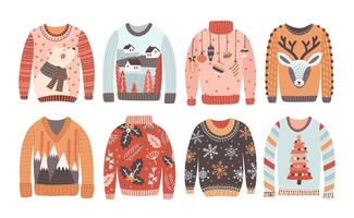 Set of ugly Christmas sweaters or jumpers isolated on white background. Collection of winter holiday knitted clothes with bizarre prints and pattern. Colored illustration in flat cartoon style. vector