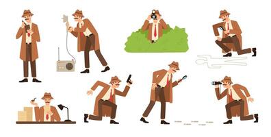 Bundle of detective with mustache looking through magnifying glass, sneaking, spying, solving crime, photographing. Male cartoon character isolated on white background. Flat illustration. vector