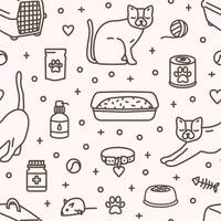 Monochrome seamless pattern with tools and products for cats care and entertainment drawn with contour lines on light background. illustration in linear style for fabric print, wallpaper. vector