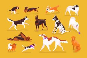 Bundle of cute dogs of various breeds playing, running, walking, sitting, pooping. Set of adorable cartoon pet animals isolated on yellow background. Colorful illustration in flat style vector