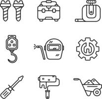 Line art icons of work tools and laborers, ideal for business or educational content vector