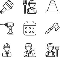 A clean outline icon set for Labor Day, featuring workers and construction tools vector