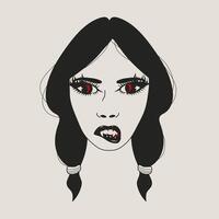 Vampire Girl with Sharp Fangs and Fiery Red Eyes. Gothic Ponytail Look vector