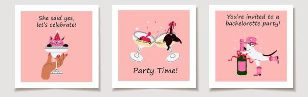 Whimsical Cat Characters for Bachelorette Party. Playful Invitation Set vector