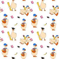 Seamless pattern with Cartoon Geese Running with Pencil, Notepad, and Backpack. Ready for School vector