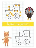 Repeat the pattern by example. Color the tractor. vector