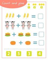 Count and glue game with cow. Education for children. Composition of numbers 1-6. vector