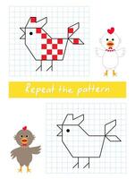 Repeat the pattern by example. Color the rooster. vector
