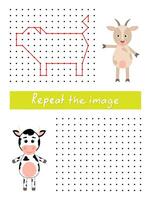 Repeat the image by example, connect dots with straight lines. Draw pig dot to dot. vector