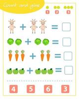 Count and glue game with goat. Education for children. Composition of numbers 1-6. vector