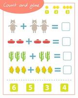 Count and glue game with alpaca. Education for children. Composition of numbers 1-6. vector