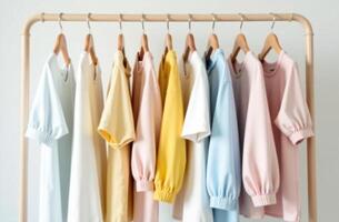 close up a collection of pastel color t-shirts hanging on a wooden clothes hanger in closet photo