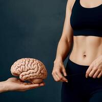 Symbolic image showing a fit woman in sportswear and a human brain held in a hand, illustrating the connection between mental focus and body transformation. Ideal for weight loss, neuroscience photo