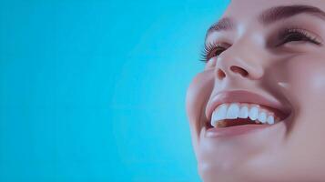 Realistic photo of a young woman's smile, with white even teeth and slightly shiny lips