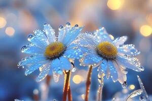 Two chamomiles with dew drops on them are in the middle of the field photo