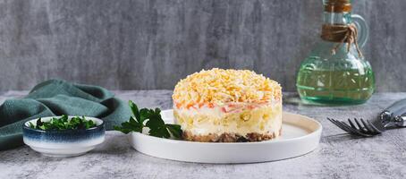 Traditional layered salad with canned fish on a plate on the table web banner photo