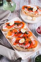Sandwiches with ricotta, tomato, radish and egg on a plate on a table vertical view photo