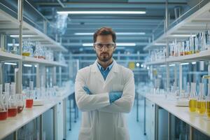 A man in a lab coat standing in front of a row of test tubes photo