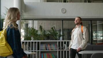 multirracial alunos encontro dentro Faculdade universidade Alto escola Olá cumprimento Alto cinco gesto falando abraço diversidade amigos multiétnico colegas de classe amizade dentro Academia caminhando comunicar video