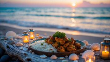 Serving Chicken and Rice on Beach at Sunset with Candlelight photo