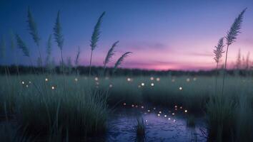 Tall Grass Silhouettes at Dusk Reflecting Lights in Water photo