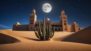 Desert Oasis with Ancient Building and Cactus Under Moonlight photo