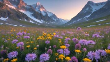 Flower Meadow with Mountain Peaks at Sunset in Grassy Valley photo