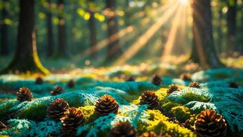 Pine Cones on Forest Floor with Sun Rays Through Trees photo