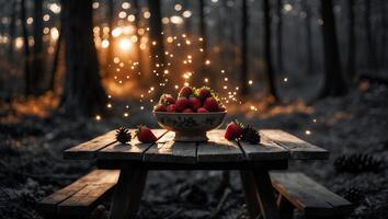 Fresh Strawberries in Bowl on Picnic Table in Forest Setting photo
