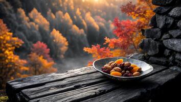 Dried Fruit and Nut Mix on Rustic Table with Autumnal View photo
