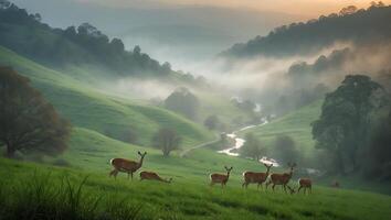 Deer Grazing on Green Hills with Foggy Valley Landscape View photo