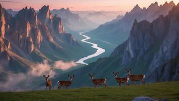 Deer Herd Grazing in Mountain Valley Landscape with Winding River photo