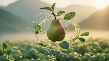 Floating Pear with Leaves and Water Droplets in Misty Field photo
