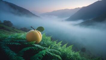 Fruit Resting on Ferns Overlooks a Valley Filled with Morning Mist photo