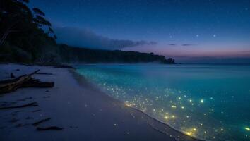 Glowing Bioluminescent Waves on Beach at Night with Starry Sky photo