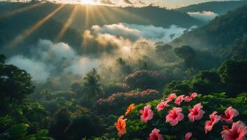 Tropical Hibiscus Flowers with Lush Forest and Misty Mountain Landscape photo