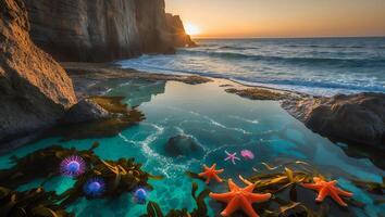 Starfish and Anemones in Coastal Tide Pool at Sunset Scenery photo