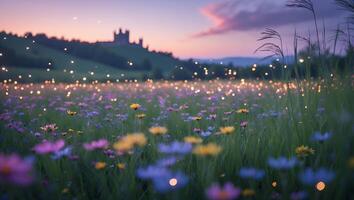 Flower Field at Sunset with Castle Silhouette and Glowing Lights photo