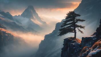 Solitary Pine Tree on Cliff Overlooking Misty Mountain Range at Dusk photo