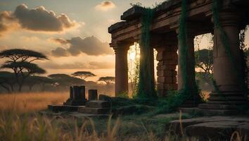 Ruins Covered in Vines at Sunset Evoking Mystery and Ancient History photo