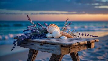 Seashells and Lavender on Weathered Wooden Table at Sunset Beach photo